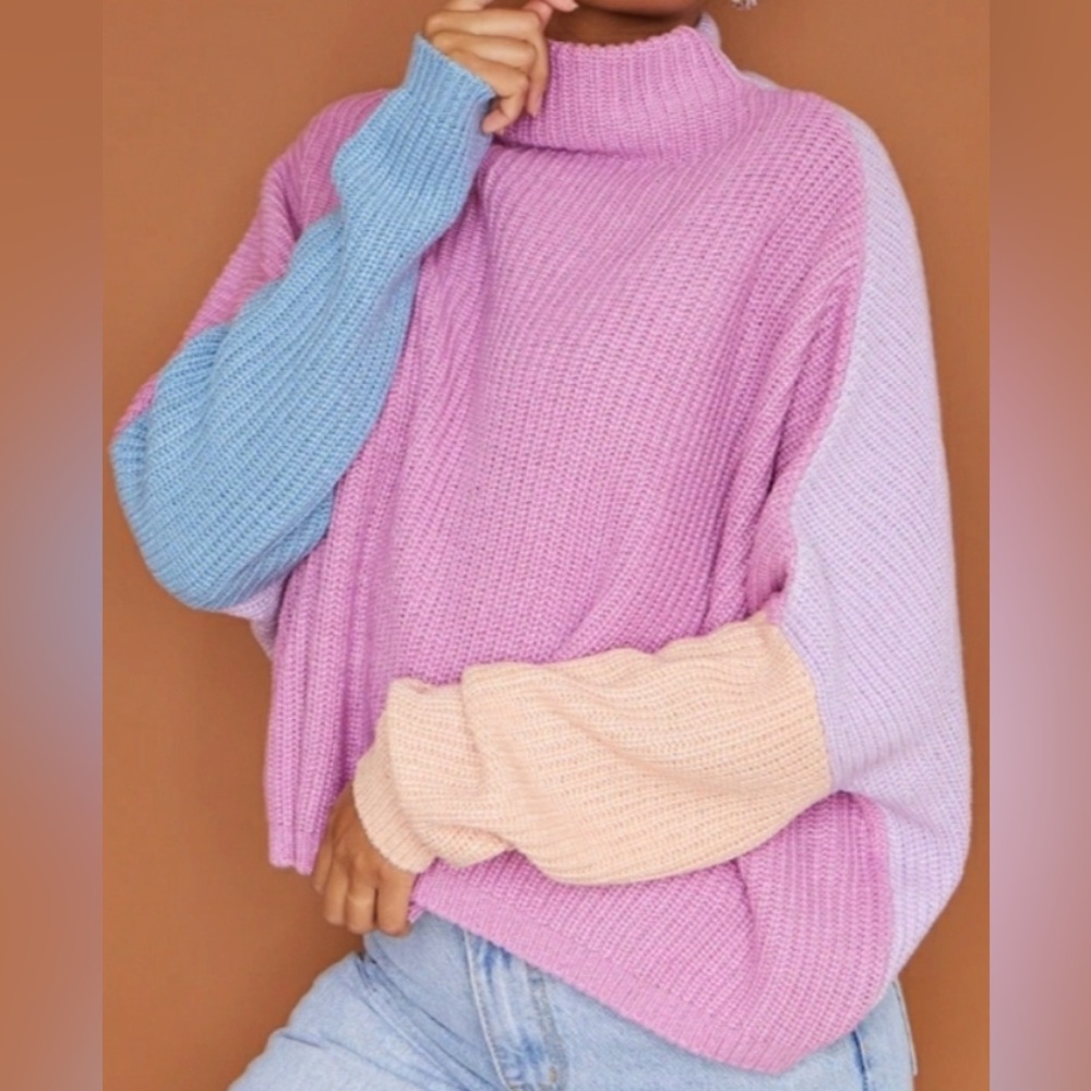 PrettyLittleThing Pink and Blue Cowl Turtleneck Sweater